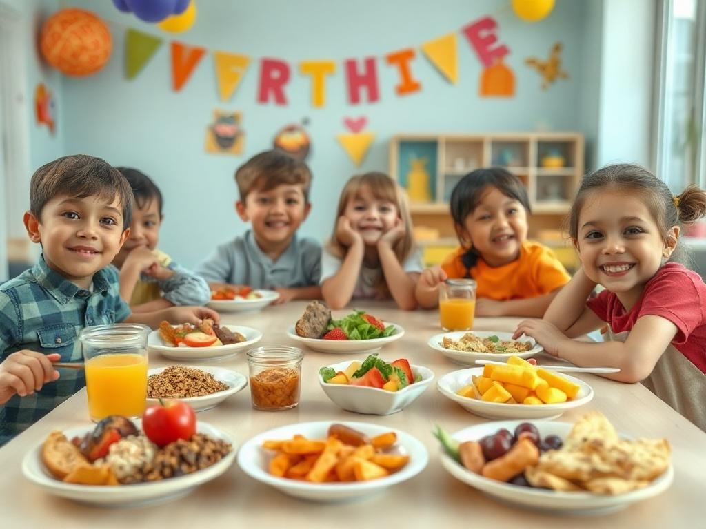 A vibrant and colorful meal setting in a preschool, featuring a table with a variety of healthy foods such as fruits, vegetables, whole grains, and protein options. Children are happily enjoying their meals, showcasing a diverse group of kids smiling and interacting with each other. The background features cheerful decorations and a bright environment that emphasizes a positive dining experience. The focus is on the joy of healthy eating, with plates filled with colorful, nutritious foods.