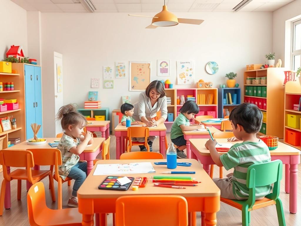 A lively preschool classroom set up with children engaging in creative arts and crafts. Bright colors fill the room, with children happily working on projects at tables. A caregiver is assisting a child with painting, while others are focused on their tasks. The classroom should be filled with educational materials and art supplies, ensuring a stimulating environment. The overall scene should convey joy and creativity in a supportive setting.