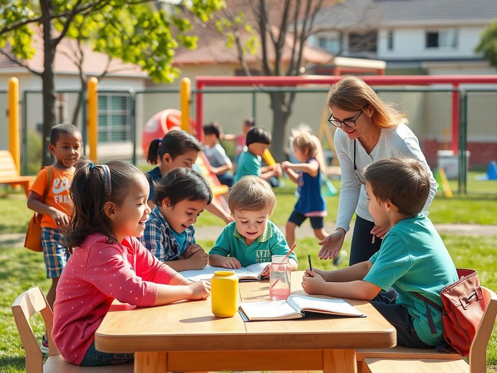 An after-school program in full swing, with children engaged in various fun activities like sports and arts. The scene shows children playing outside and others working on homework with the help of a caregiver. The environment is vibrant and energetic, with children laughing and interacting. The background should be a well-kept outdoor play area, highlighting the active and social aspects of the after school adventure. A sense of community and support should be evident.
