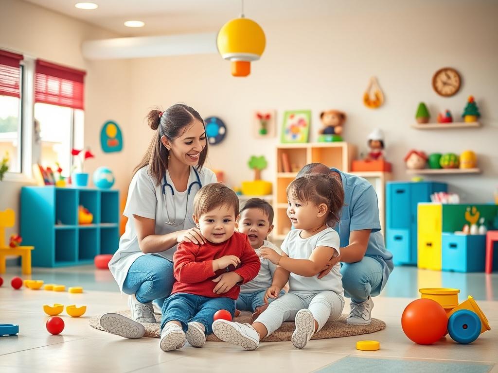 A bright and cheerful daycare room filled with colorful toys and playful decorations. A caregiver is interacting with toddlers, showcasing a nurturing environment. The room has a vibrant color scheme with soft lighting, and a play area filled with educational toys. The caregivers are smiling and engaging with the children, creating a warm atmosphere. The background should depict a safe and inviting space for young children to explore and learn.