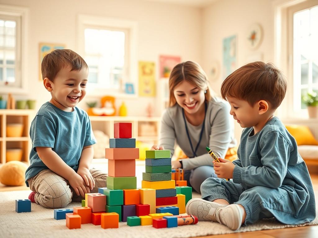 A bright and cheerful childcare setting featuring children engaging in creative play with building blocks. One child is laughing while stacking blocks, another child is drawing with crayons, and a caregiver is gently guiding them. The room is decorated with colorful artwork and soft toys, with sunlight streaming through large windows. The composition should focus on the joyful expressions of the children and the warm, inviting atmosphere of the daycare.