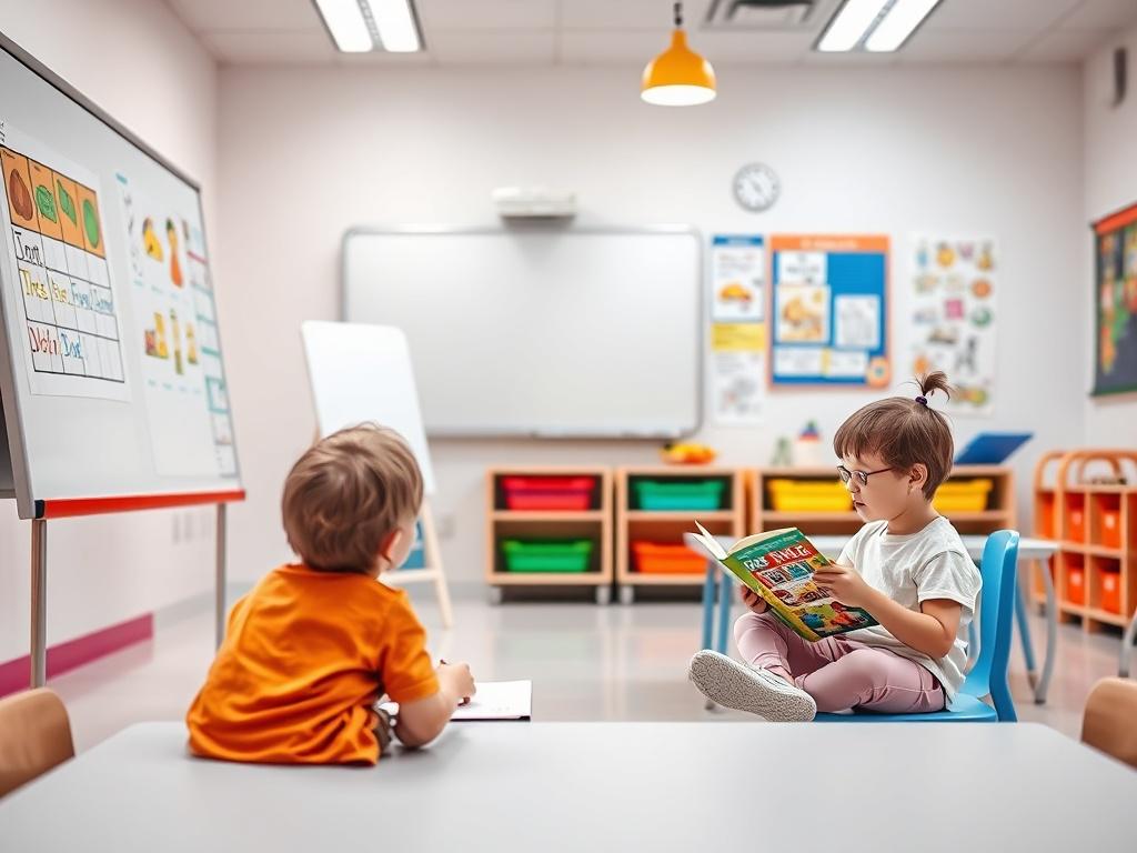 A vibrant classroom setting with young children engaging in various learning activities. One child is practicing writing on a whiteboard, while another is reading a picture book. Bright colors fill the room with educational posters on the walls. The atmosphere is lively, showcasing the joy of learning. Focus on the children, with a clear, minimalistic background that emphasizes their activities.