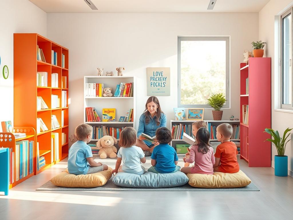 A cozy reading corner in a preschool, featuring colorful bookshelves filled with children's books. A teacher reads a story to a group of attentive children, who are sitting on soft cushions. The room is bright with natural light, showcasing a welcoming and cheerful atmosphere for early literacy.