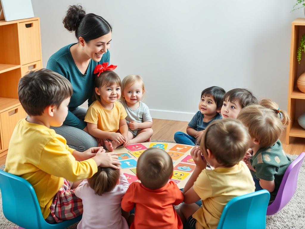 A group of preschool children participating in a circle time activity, where they share their feelings using colorful emotion cards. The teacher facilitates the discussion, encouraging cooperation and understanding. The setting is warm and inviting, with a focus on connection and emotional expression.