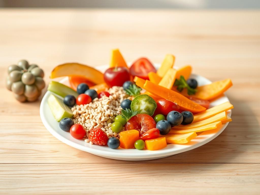 A realistic high-resolution photo of a colorful plate of healthy children's meals, featuring a variety of fruits, vegetables, and whole grains, arranged in a fun and appealing way. The plate should be set on a clean, simple wooden table background with natural light highlighting the vibrant colors of the food, creating an inviting atmosphere.