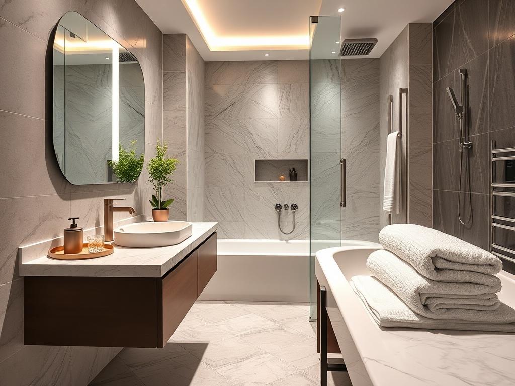 A stunningly renovated bathroom featuring modern design elements. The scene displays a sleek vanity with elegant fixtures, a spacious shower area, and stylish tiles. Close-up shots of luxury bath accessories and fresh towels add to the ambiance. The background highlights a contemporary color palette, creating a tranquil environment. Shot with a 45mm f/1.2 lens style for a hyper-realistic effect.