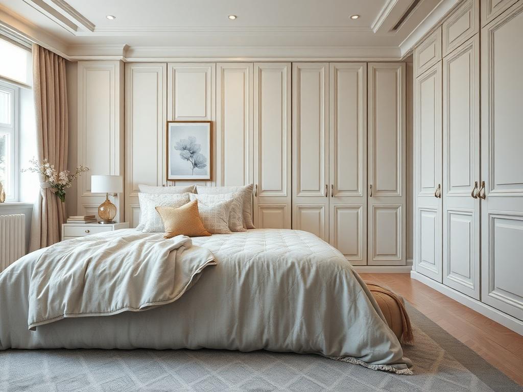 A hyper-realistic close-up of a custom-designed bedroom featuring a stylish bed, elegant textiles, and fitted wardrobes. The room should exude a calming atmosphere with soft lighting, gentle color palettes, and decorative elements like cushions and artwork. The focus should capture the blend of comfort and sophistication, shot with a 45mm f/1.2 lens style.
