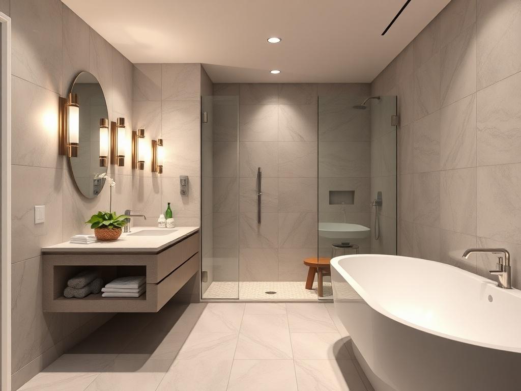 A hyper-realistic image of a modern bathroom featuring a walk-in shower with glass doors and a sleek vanity. The space should be bright and stylish, showcasing modern tiles and elegant lighting fixtures. Focus on the cleanliness and sophistication of the design, creating a spa-like atmosphere. Shot in close-up with a 45mm f/1.2 lens, the image should highlight the luxurious details and overall elegance of the renovated space.