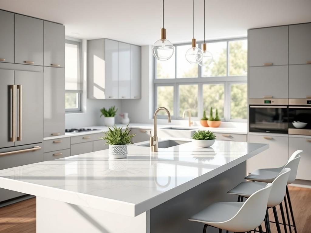 **AI Image Generation Prompt:**

Create a realistic high-resolution photo that embodies the theme of "Top Kitchen Design Trends for 2023." The image should feature a stunning, modern kitchen as the primary subject. Focus on a sleek kitchen island made of polished white quartz, accented with subtle green plants to add a touch of nature. The island should have stylish bar stools arranged neatly around it, inviting viewers to imagine gatherings and culinary creativity.

The background should consist of minimal
