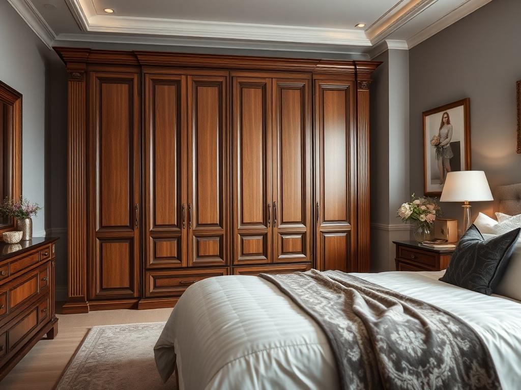 A beautifully crafted bespoke wardrobe in a stylish bedroom, featuring intricate woodwork and custom finishes. The room is elegantly decorated, showcasing the wardrobe's integration into the overall design. The lighting highlights the craftsmanship and details of the furniture, creating a warm and inviting atmosphere, captured in a close-up shot with a 45mm f/1.2 lens.