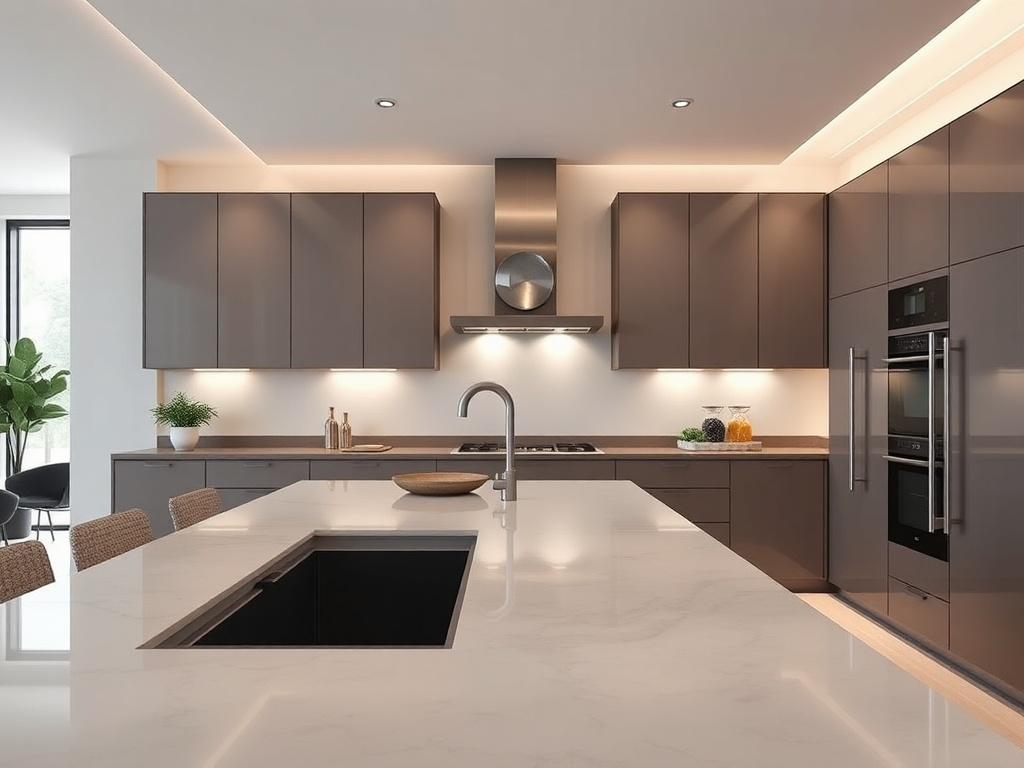 A hyper-realistic 3D rendering of a modern kitchen, showcasing sleek cabinets, elegant countertops, and ambient lighting. The scene is set in a spacious, well-lit environment, with a focus on the intricate details of the furniture and design elements. The background should be minimalistic, emphasizing the kitchen's features without distractions, captured in a close-up shot with a 45mm f/1.2 lens.