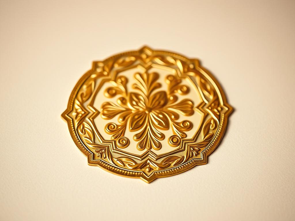 A close-up shot of a beautifully designed gold sticker, showcasing intricate details and a shiny finish. The sticker should be placed on a simple, neutral background to highlight its luxurious appearance. The composition should focus solely on the sticker, capturing the reflective quality of the gold and the texture of the material. The lighting should be soft and enhance the glossy surface, emphasizing the elegance of the design.