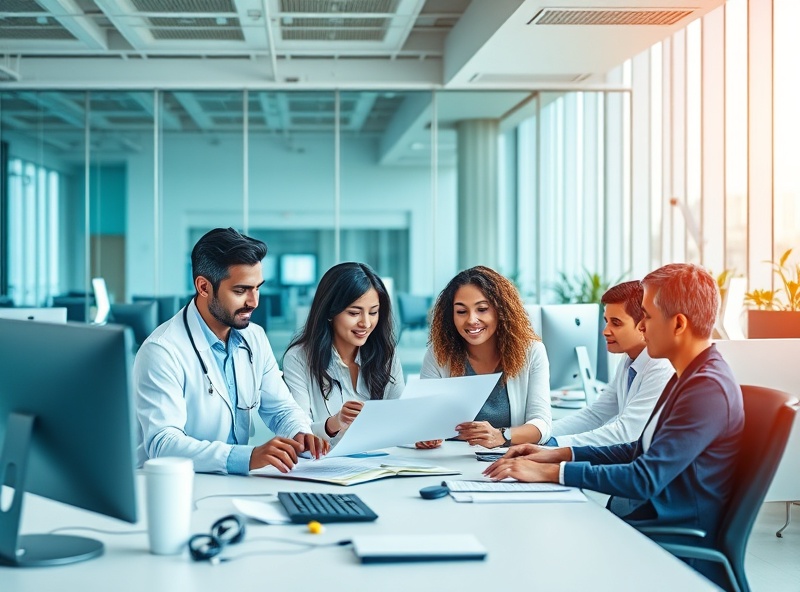 Professional healthcare operations team collaborating in a modern office environment on revenue cycle management and administrative support