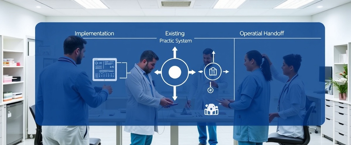Implementation and integration phase showing healthcare practice team setting up new systems and workflows with staff training