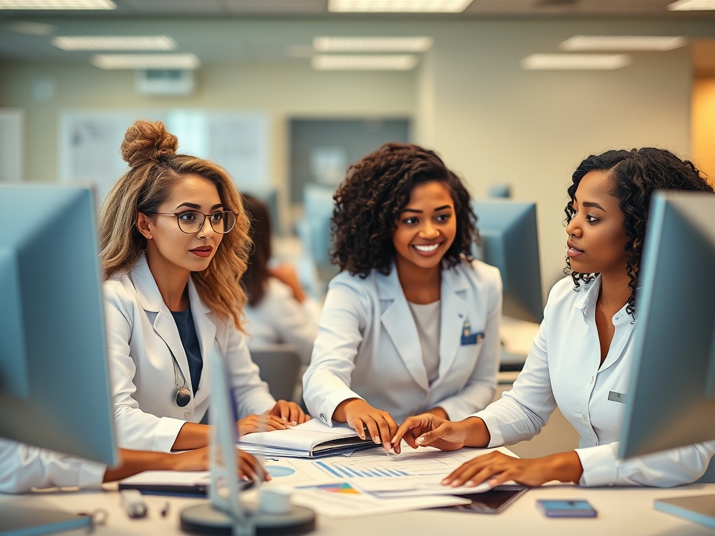 Diverse women in healthcare billing office processing claims and reviewing insurance documents with financial reports and charts