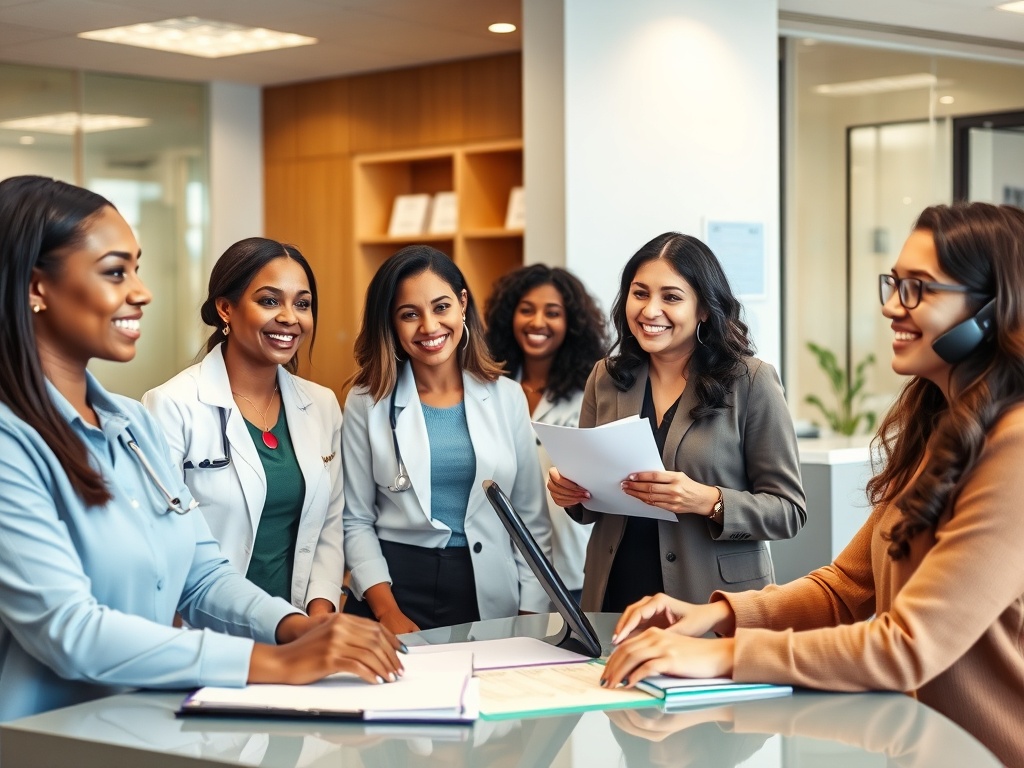 Diverse professional women in healthcare reception area managing appointments and patient records