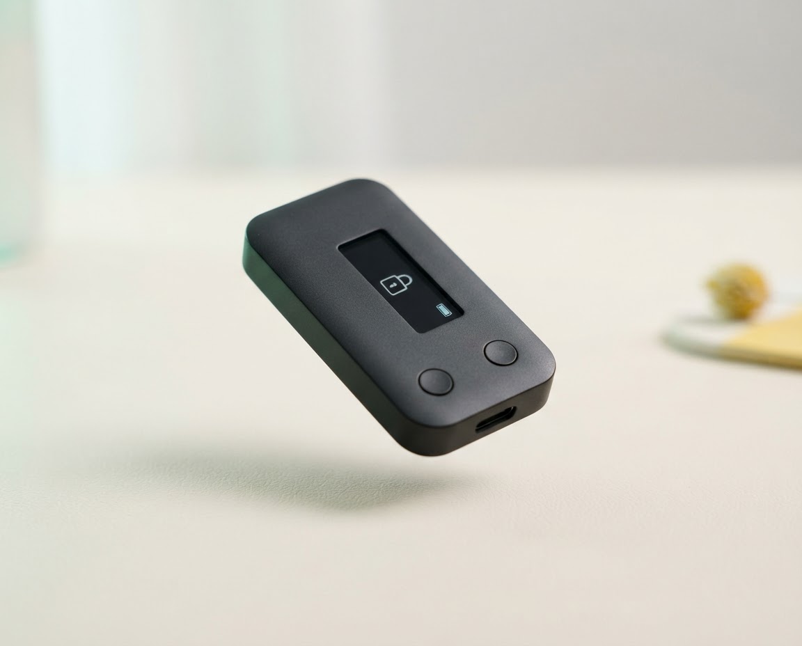 A compact hardware wallet shown against a warm, softly lit studio backdrop
