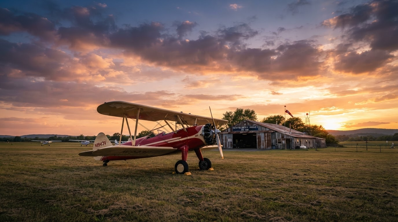 Vintage taildragger airplane on a grass airfield at golden hour