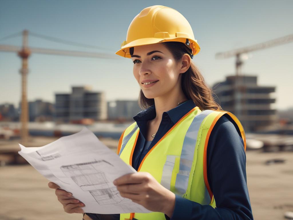 A female project manager on a construction job site, confidently overseeing the project. She is wearing a safety helmet and a reflective vest, holding a blueprint in one hand and a tablet in the other. The background shows construction machinery and workers in action, emphasizing a bustling work environment. The composition is simple and clear, focusing on her as the central subject. The image should convey professionalism and leadership in the construction field, with realistic high-resolution detail.