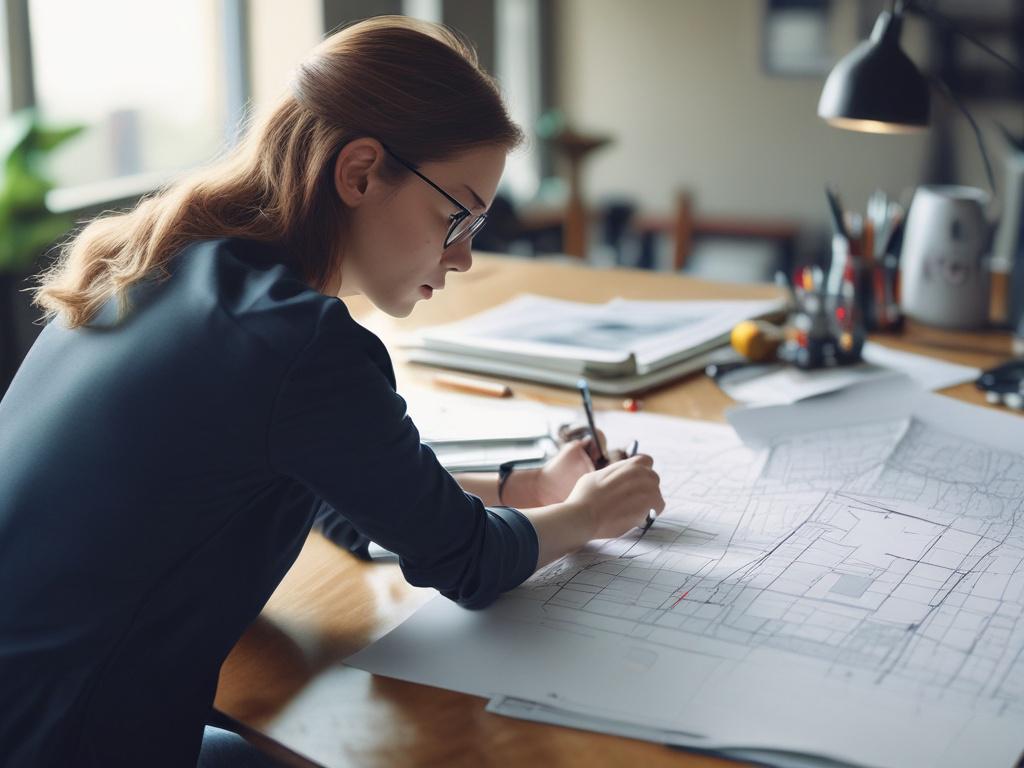 female project manager analyzing engineering plans, with technical drawings and tools, bright office environment, close-up shot with a 45mm f/1.2 lens, realistic high-resolution photo