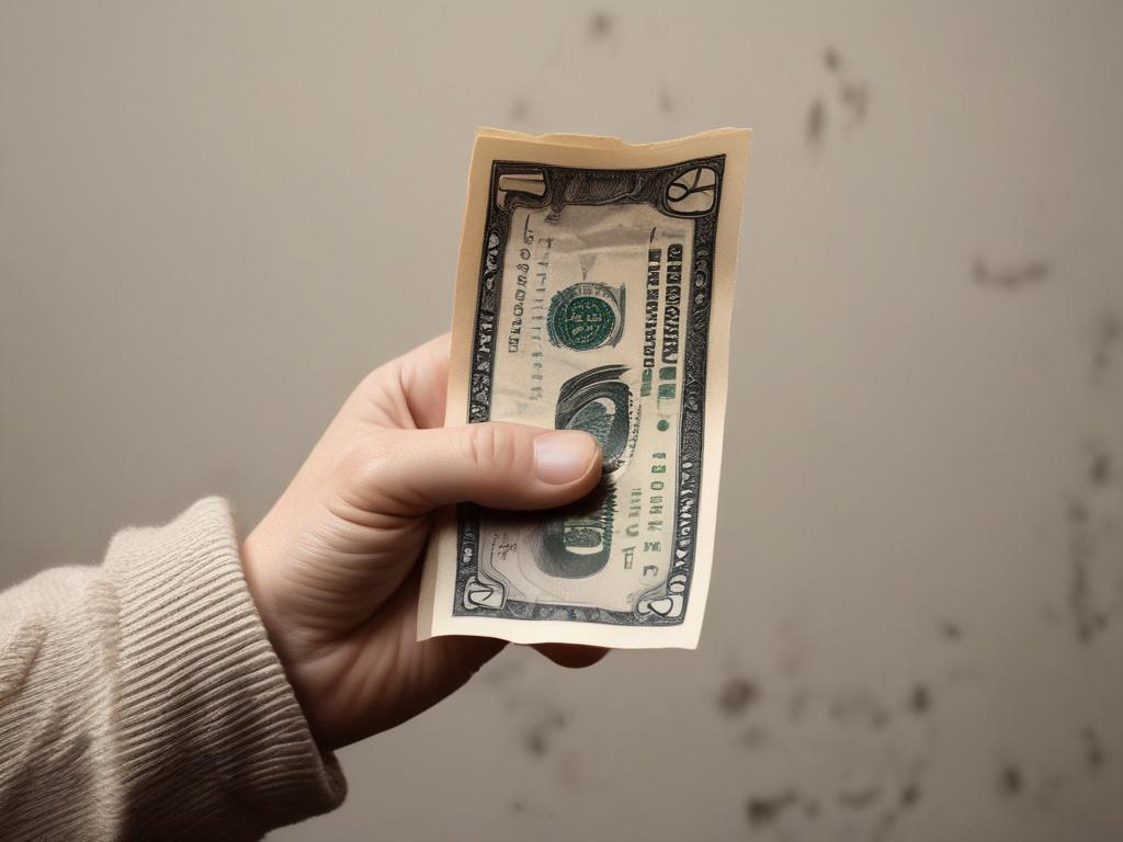a hand holding cash, natural tones, earthy textures, simple composition