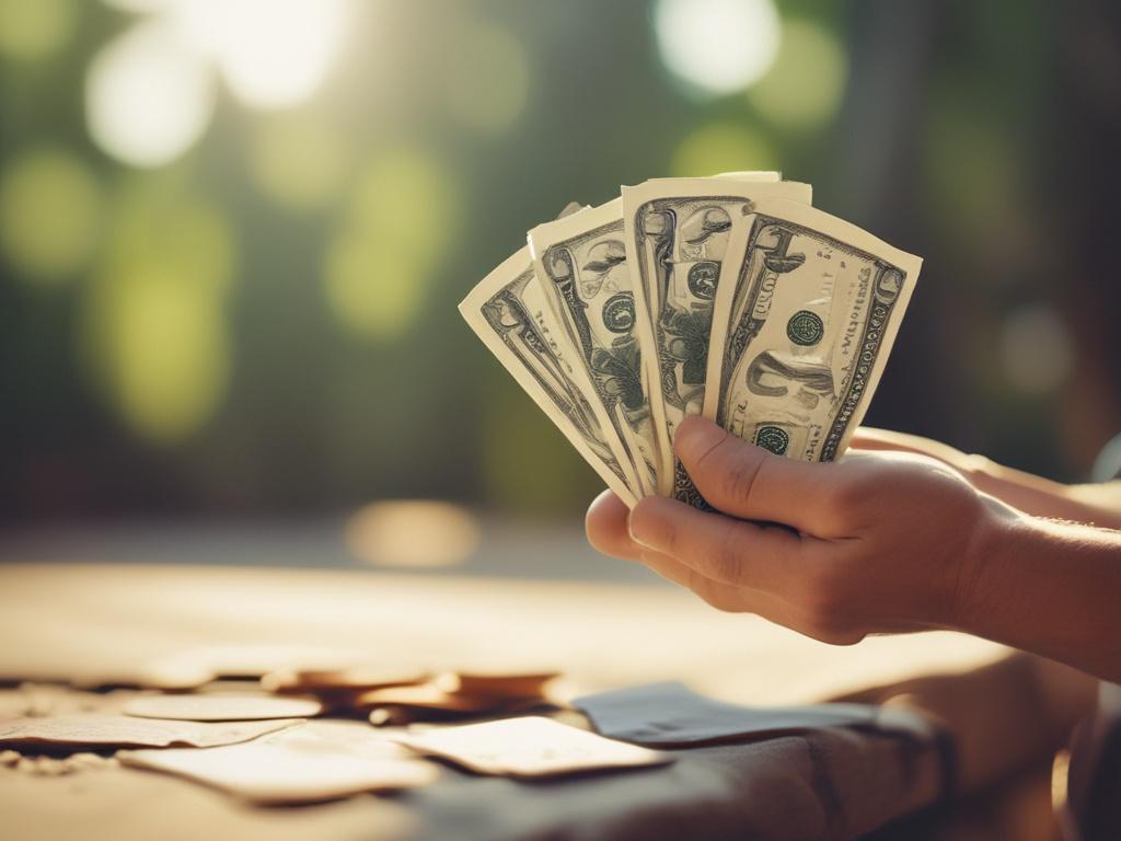 a happy individual holding cash in their hands, bright outdoor