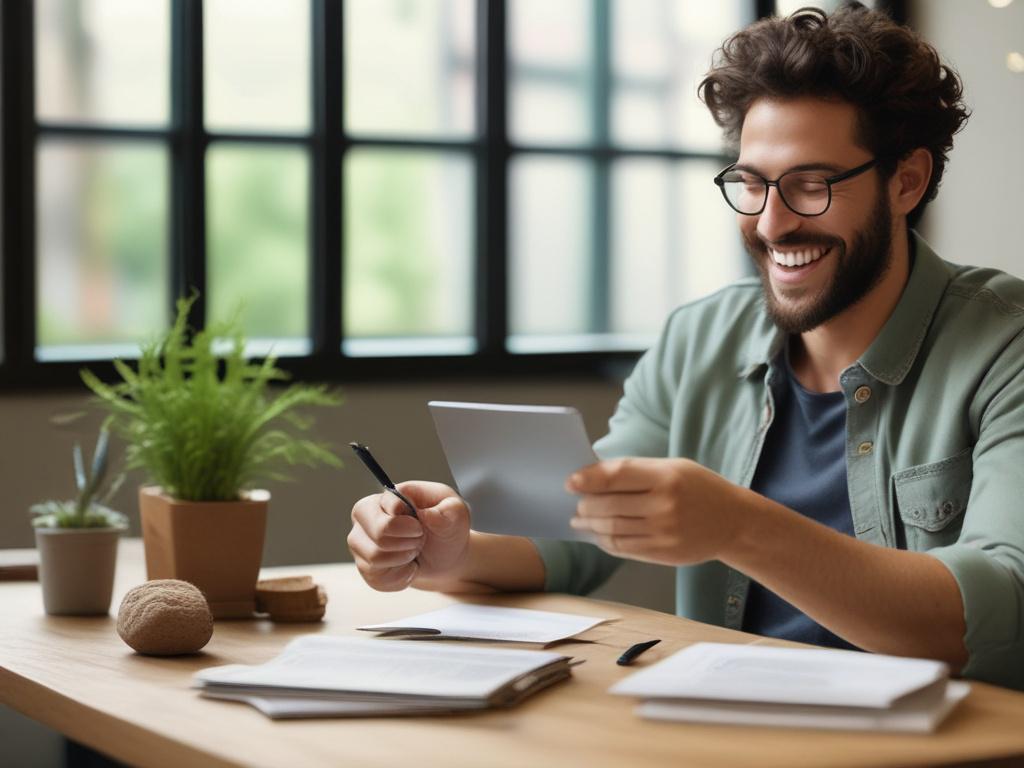 a smiling individual reviewing a cash offer on a tablet,
