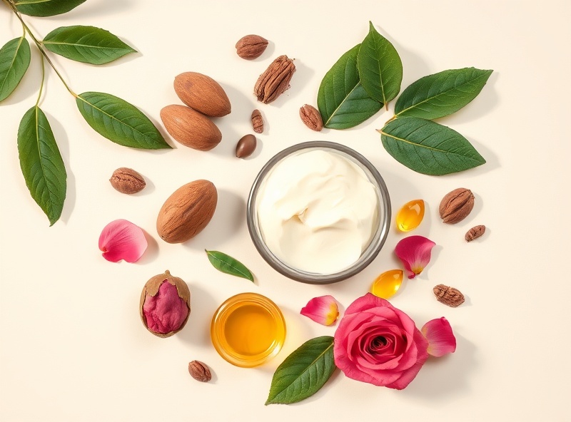 Flat lay of natural ingredients - shea nuts, cocoa, leaves, and oils