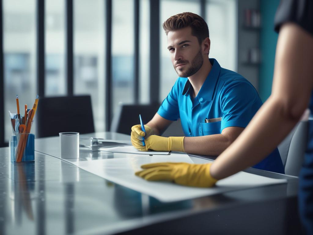 A hyper-realistic close-up of a certified cleaning professional in uniform polishing a glass office desk with a microfiber cloth. The background features a modern office setting with blue and gold accents. Shot with a 45mm f/1.2 lens style, sharp focus, and colors matching rgb(3, 125, 201).