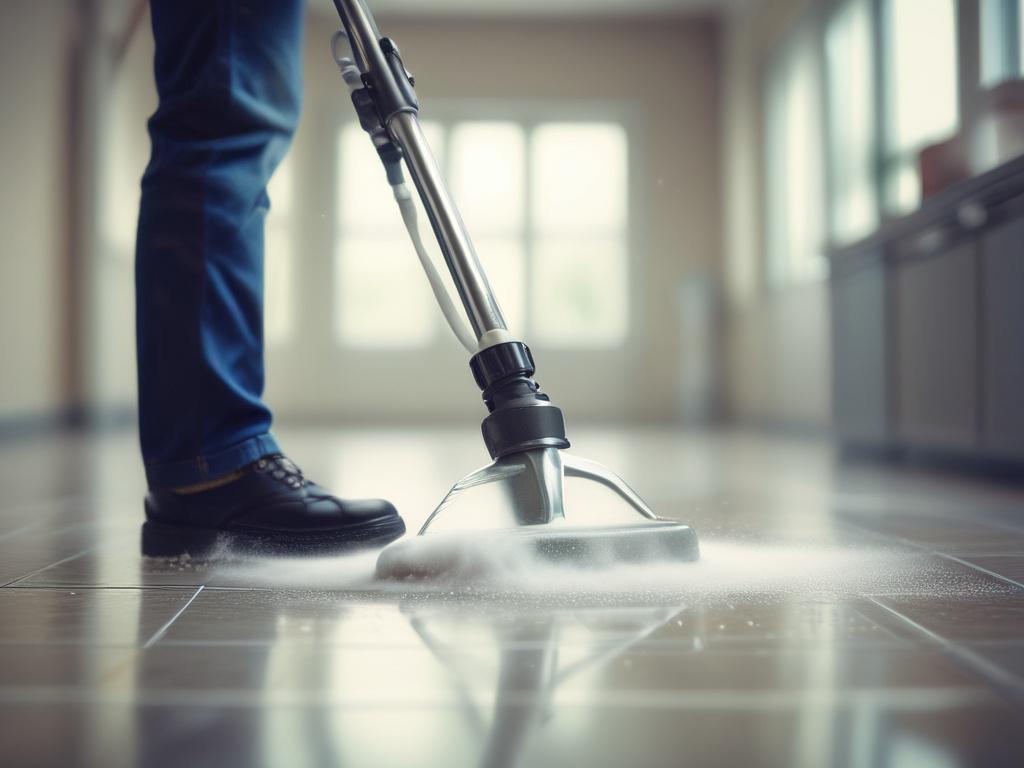 A hyper-realistic close-up of a professional cleaner using a steam cleaner on a tiled floor, focusing on the nozzle and steam effect. The background is a clean, bright room with natural lighting and navy and gold color accents. Shot with a 45mm f/1.2 lens style, emphasizing clarity and detail, aligned with rgb(3, 125, 201) primary color.