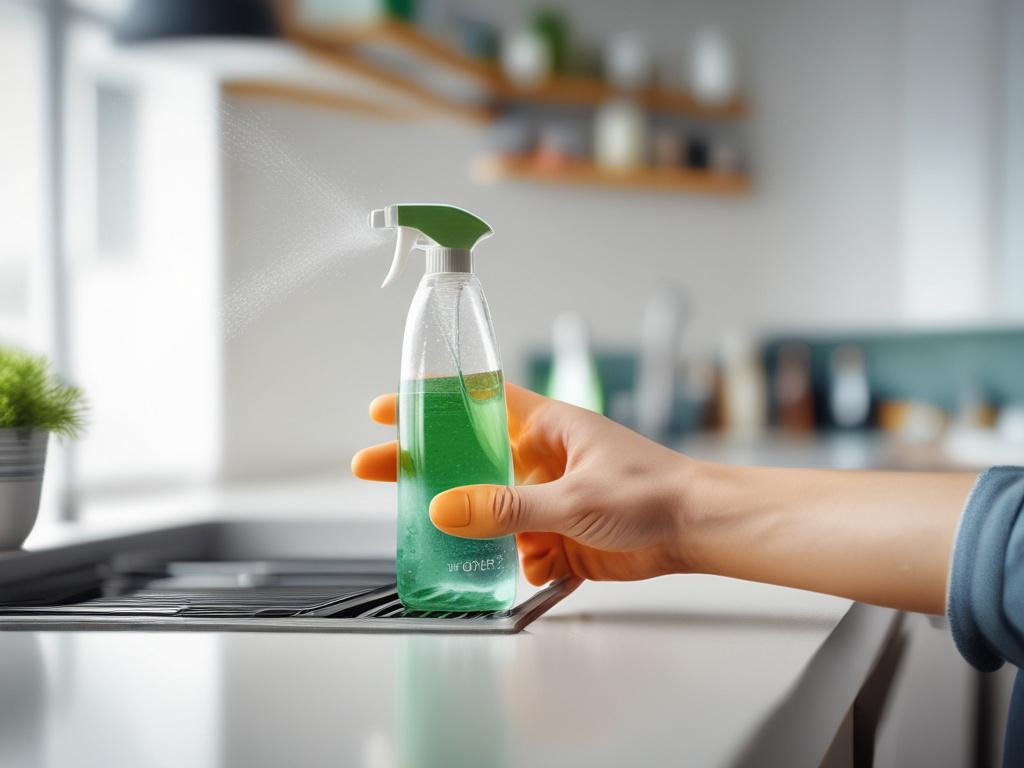 A hyper-realistic close-up of a professional cleaner's hand holding a spray bottle with eco-friendly cleaning solution, spraying a kitchen countertop. The background shows a modern, spotless kitchen with natural light. Shot with a 45mm f/1.2 lens style, vibrant and compatible with rgb(3, 125, 201) primary color.