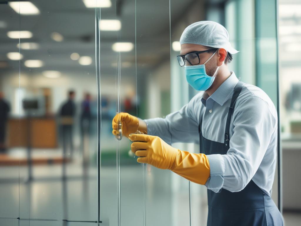 A hyper-realistic close-up image of a cleaner wearing gloves, spraying eco-friendly cleaning solution on a glass office partition, with a blurred modern office background, shot with a 45mm f/1.2 lens style.