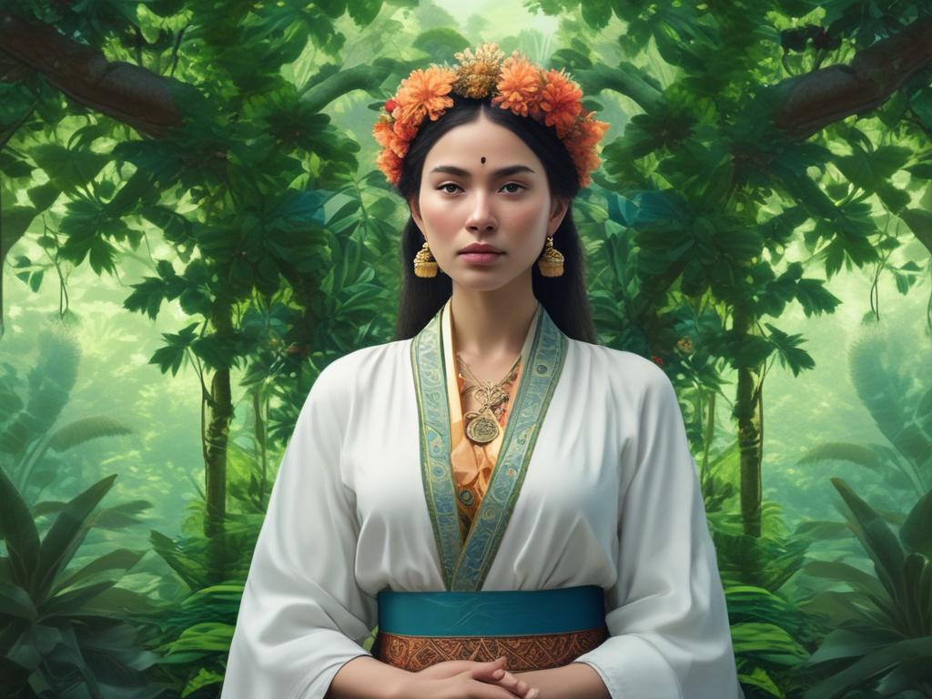 A highly detailed, photorealistic image of a serene woman in