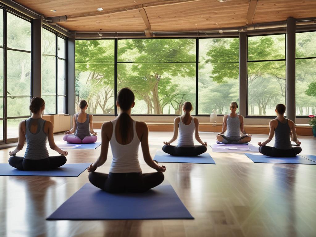 A serene workshop setting with participants engaged in a yoga
