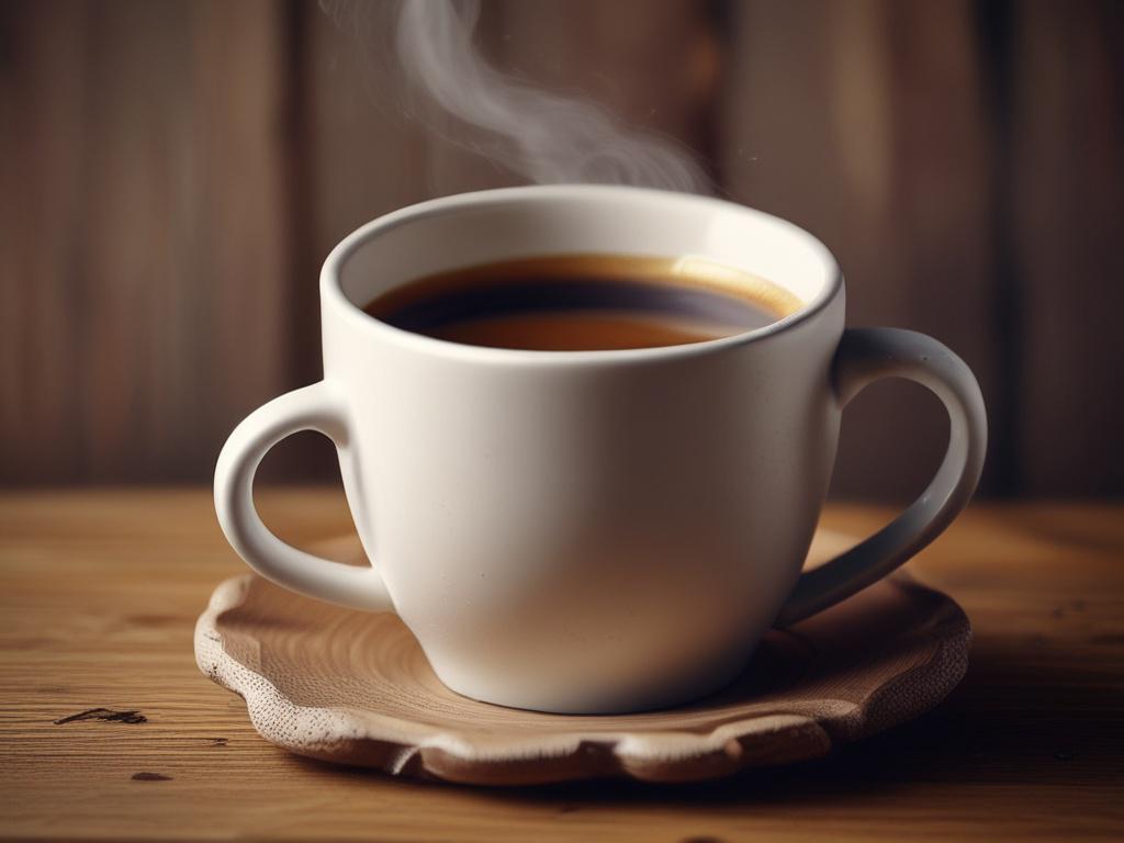 A close-up shot of a rustic ceramic mug, highlighting its unique glaze and texture. The mug is filled with steaming coffee and placed on a wooden table, with soft morning light filtering through a nearby window. The background is softly blurred, focusing on the mug and its inviting warmth.