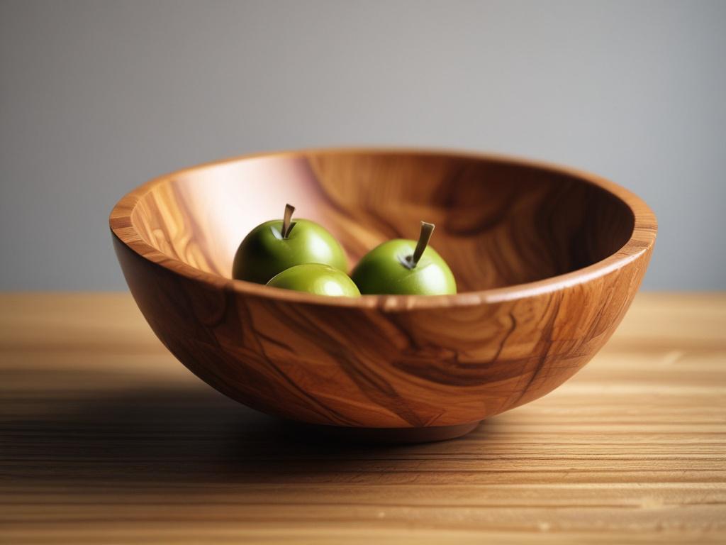 A close-up shot of a handcrafted olive wood bowl, showcasing the unique grain patterns and natural hues of the wood. The bowl is placed on a rustic wooden table with soft, natural light illuminating its curves and details. The background is blurred to keep the focus on the bowl, creating a warm and inviting atmosphere.