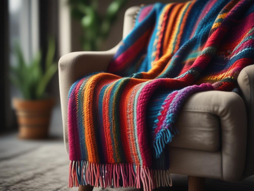 A close-up shot of a vibrant handwoven throw blanket draped elegantly over a cozy armchair. The blanket displays intricate patterns and a rich color palette, with soft textures inviting touch. The setting features a warm, softly lit room, enhancing the cozy atmosphere without distracting from the blanket's details.