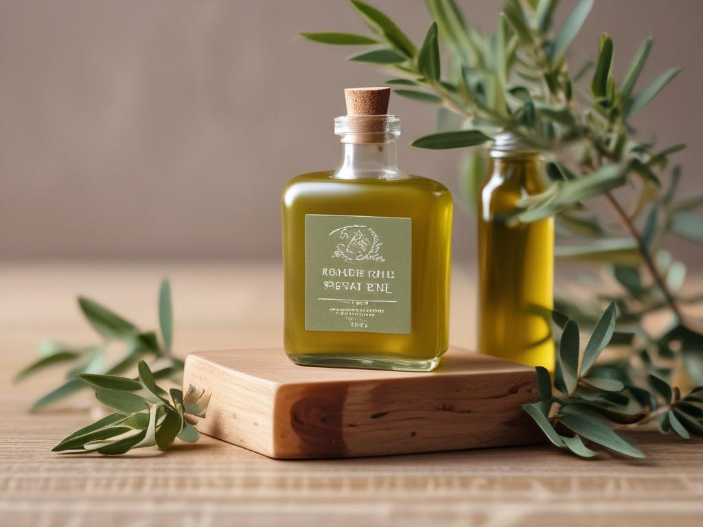 A close-up shot of a handcrafted olive oil soap bar sitting on a rustic wooden surface, surrounded by a few olive branches and leaves. The lighting is soft and warm, highlighting the soap's texture and natural colors, with a blurred background of a calming, neutral-toned environment.