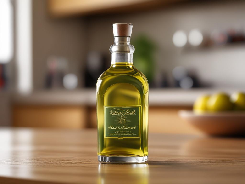 A close-up image of a ceramic olive oil dispenser with a glossy finish, elegantly displayed on a wooden kitchen countertop. The background is softly blurred, focusing on the dispenser's intricate designs and the rich color of the olive oil it contains.
