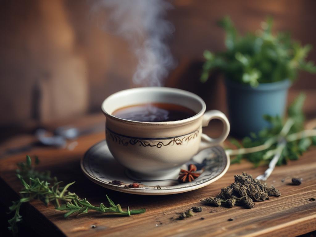 A close-up shot of a steaming cup of traditional Greek herbal tea, with a few loose herbs scattered around it on a rustic wooden table. The steam rising from the cup is captured beautifully, creating a cozy and inviting atmosphere.