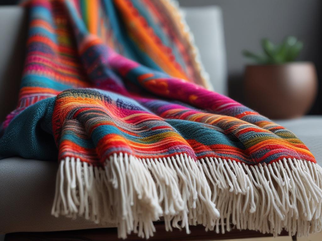 A close-up shot of a handwoven cotton throw blanket draped elegantly over a cozy armchair. The blanket should display its intricate patterns and vibrant colors, with a soft, textured background that enhances its warmth. Natural light should softly illuminate the scene, emphasizing the blanket's details, shot with a 45mm f/1.2 lens.