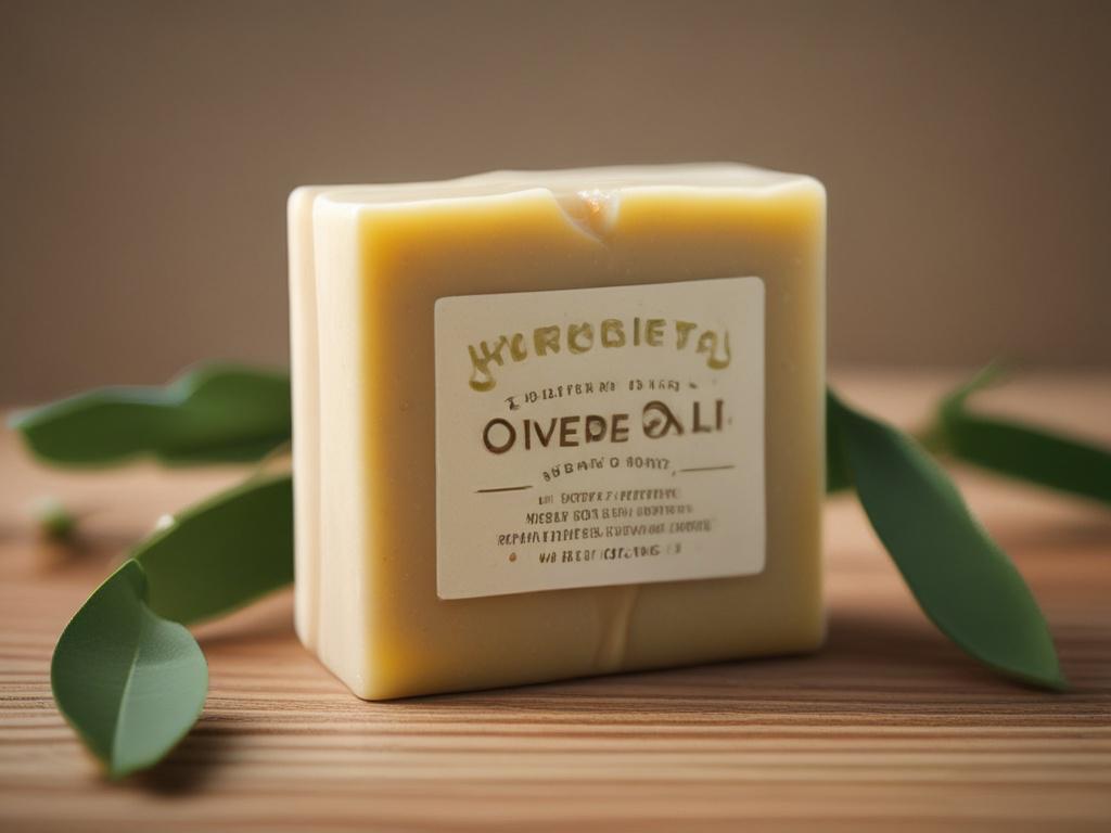 A close-up shot of a handcrafted olive oil soap bar, featuring a rich, creamy lather. The soap should be placed on a natural wooden surface, with olive branches and a few olives scattered around. The background should be softly blurred, creating a warm and inviting atmosphere, shot with a 45mm f/1.2 lens to emphasize the texture and details of the soap.