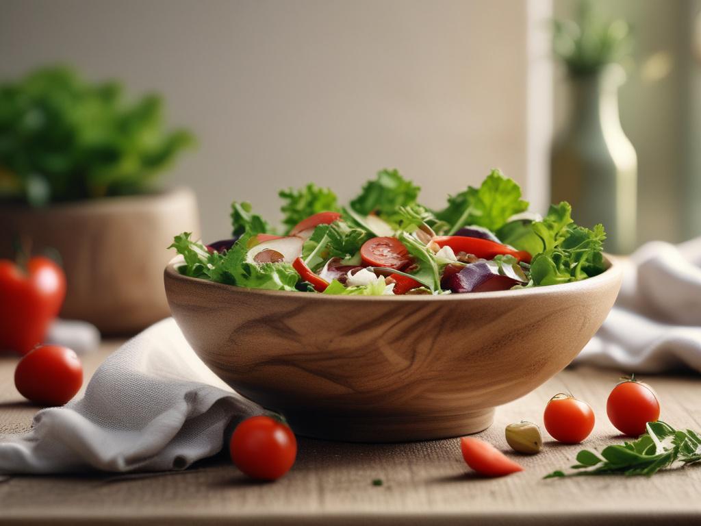 A high-resolution close-up of a rustic ceramic serving bowl filled with fresh salad ingredients. The bowl should be placed on a textured linen tablecloth with soft natural lighting highlighting its unique glaze. Surround the bowl with fresh herbs and a wooden serving spoon, creating an inviting and warm dining atmosphere, captured with a 45mm f/1.2 lens.