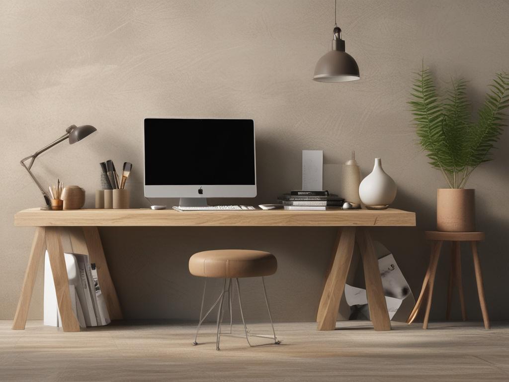A high resolution rendering featuring a clean, elegant workspace with