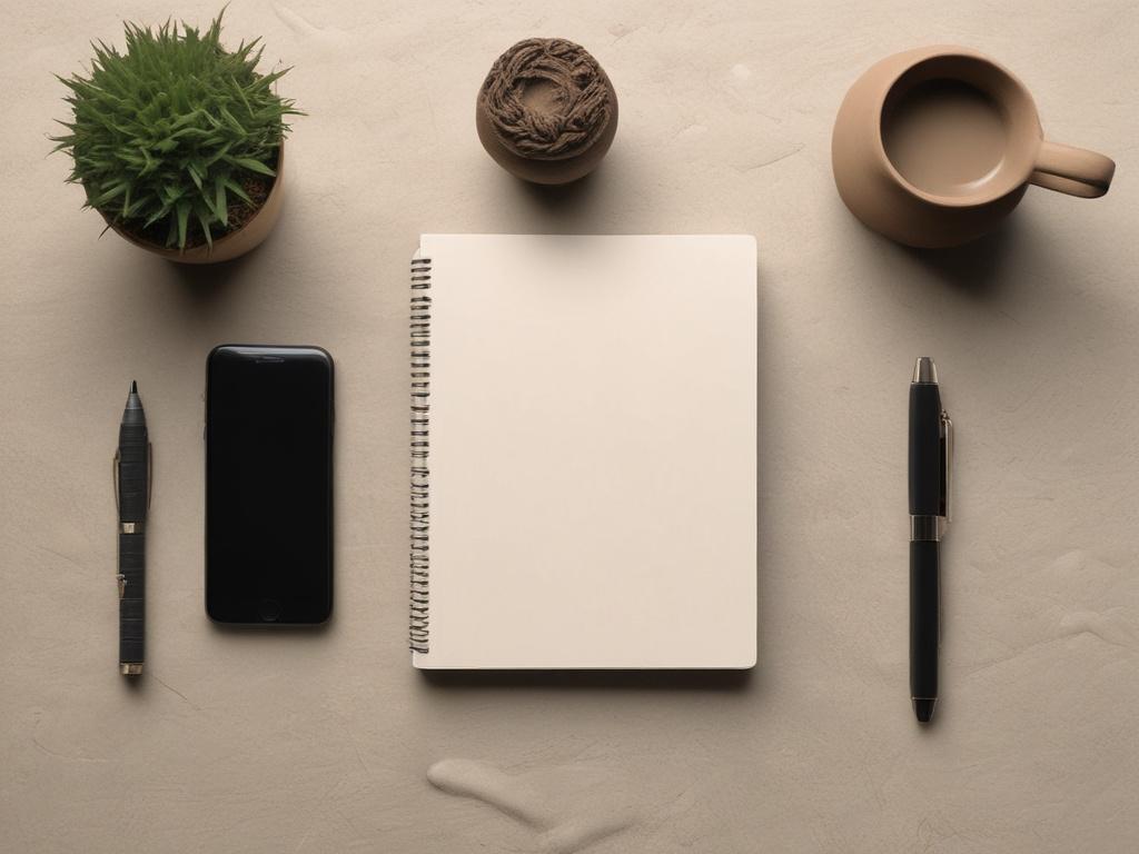 minimalist workspace with a notebook and pen on textured background,