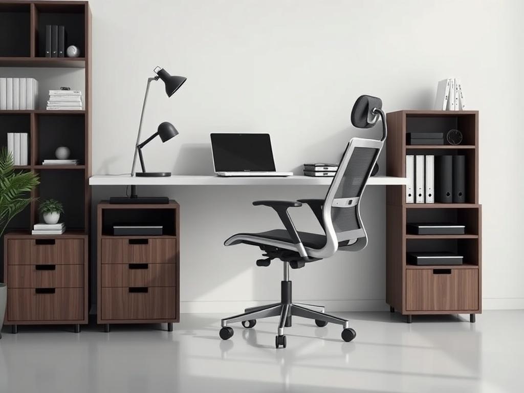 A high-resolution image of a modern office desk setup, featuring a sleek desk with a stylish ergonomic chair, a laptop, and organized storage units. The background should be minimalistic, with soft lighting that highlights the furniture's sleek design. The focus should be on the desk and chair, creating a professional workspace ambiance.