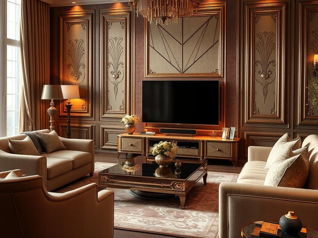 A high-resolution image of a luxurious living room featuring a designer TV stand with elegant decor, plush sofas, and intricate wall panels. The lighting should be warm and inviting, enhancing the richness of the materials used in the furniture. The focus should be on the TV stand and surrounding furniture, creating a lavish living space.