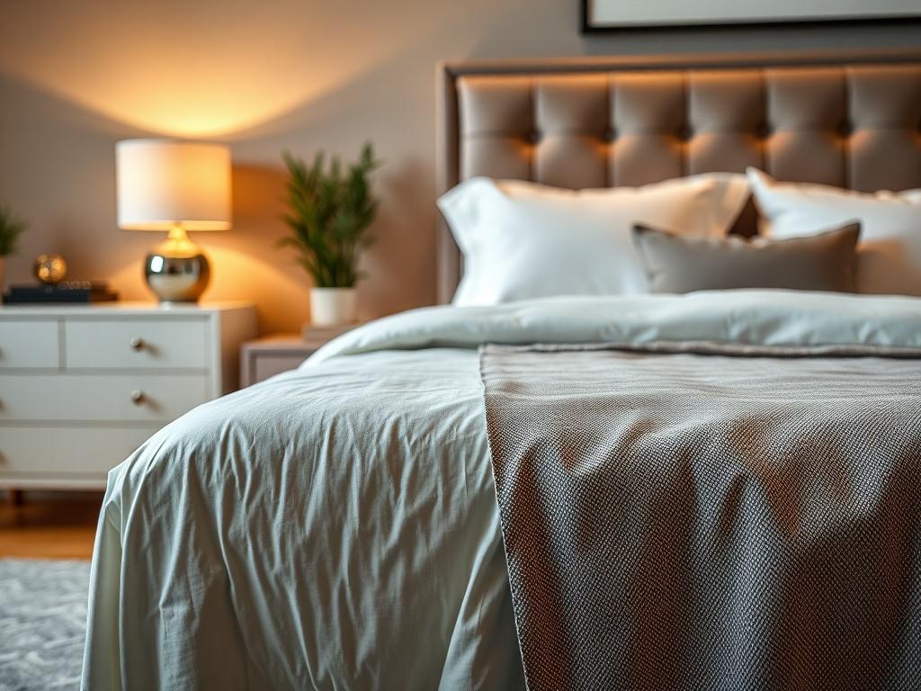 A high-resolution image of a stylish bedroom set, showcasing a beautifully made bed with elegant bedding, a sleek nightstand with a lamp, and a modern dresser. The background should be soft and inviting, with warm lighting that enhances the furniture's details. The focus should be on the bed and nightstand, creating a cozy atmosphere.