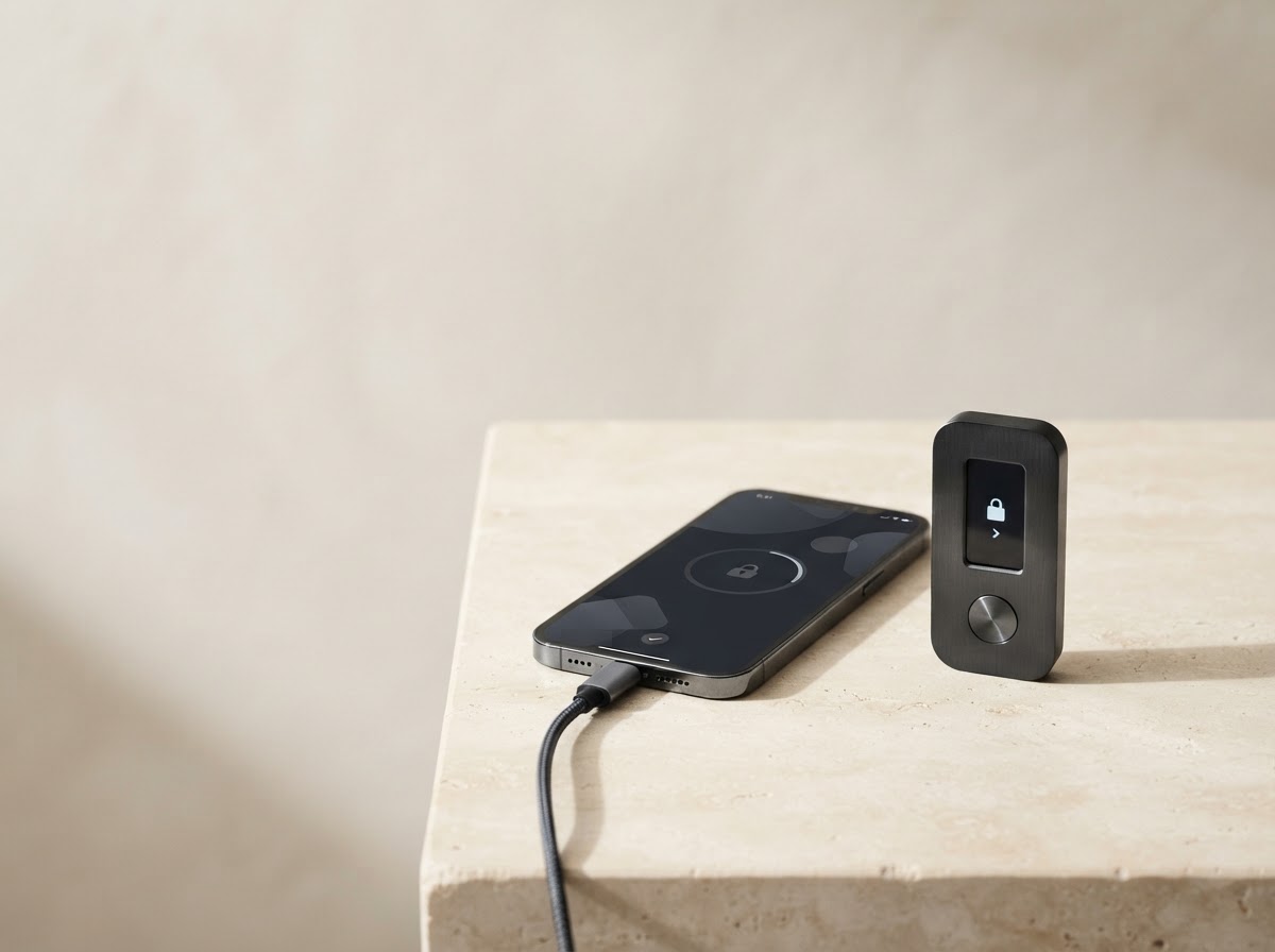 Hardware wallet device and smartphone arranged on a softly lit stone surface