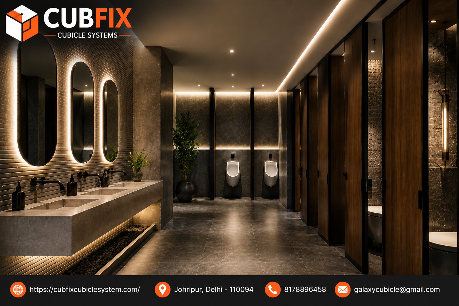 Refined commercial washroom with durable cubicle partitions